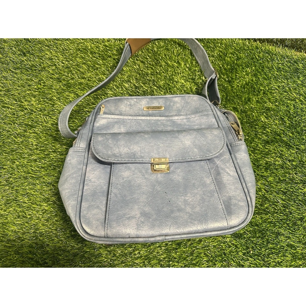 Samsonite Blue Faux Leather Medium Shoulder Bag Gold Hardware Buckle Zip Closure